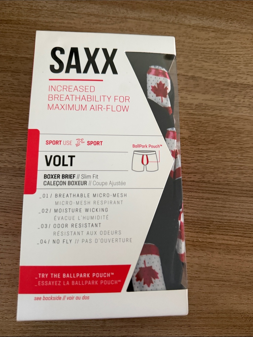 NWT Saxx Volt Boxer Briefs in Black with Red & White Maple Design size Medium